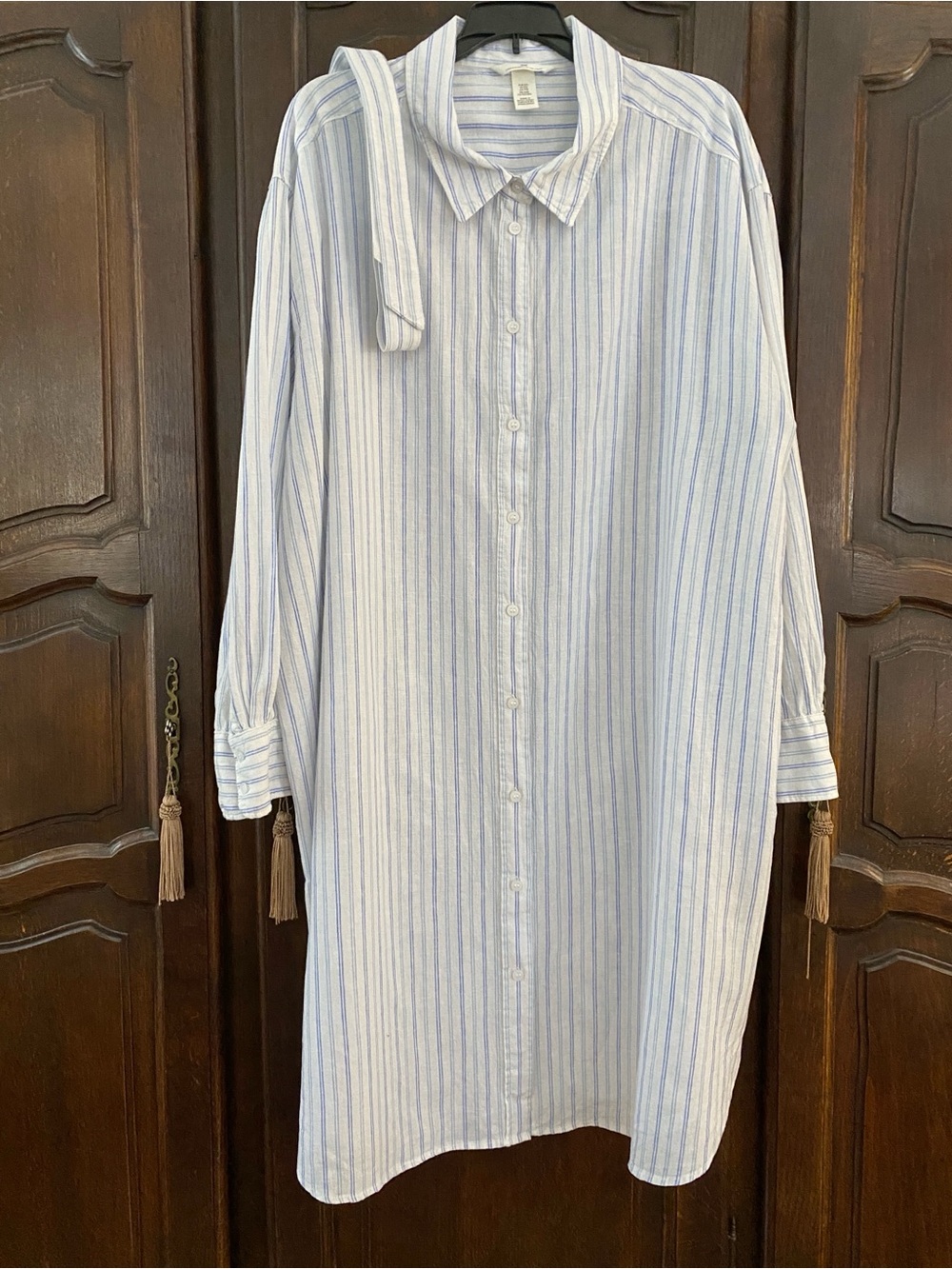H&M linen cotton blue & white stripe button front shirt dress XXL bust apx 29